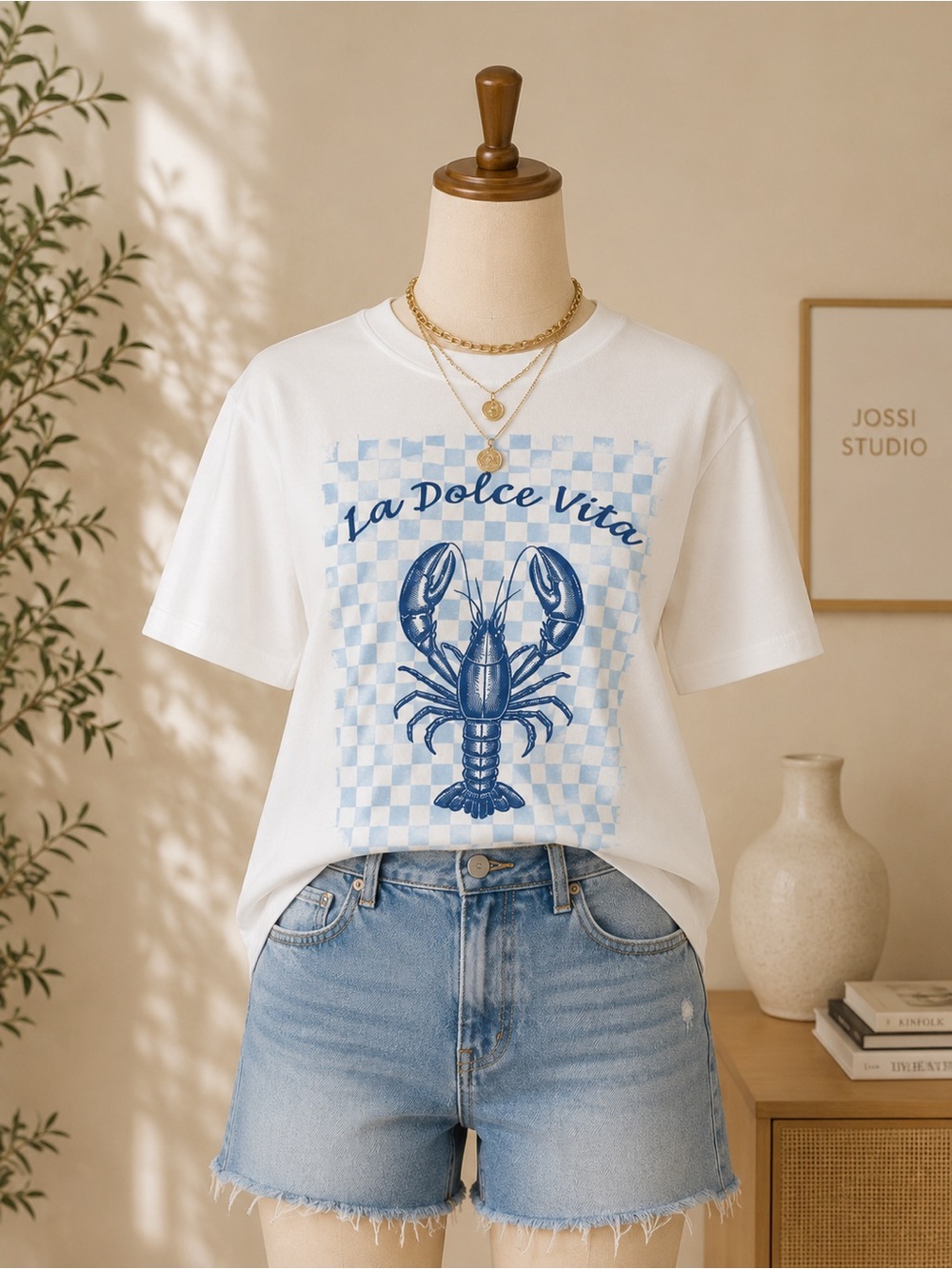 White Short Sleeve Graphic Tee with Blue Lobster Print